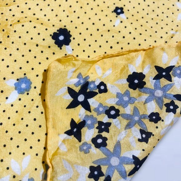 Yellow Silk Square Scarf Blue Floral Polka Dot Print | 20"x19" - Picture 5 of 6